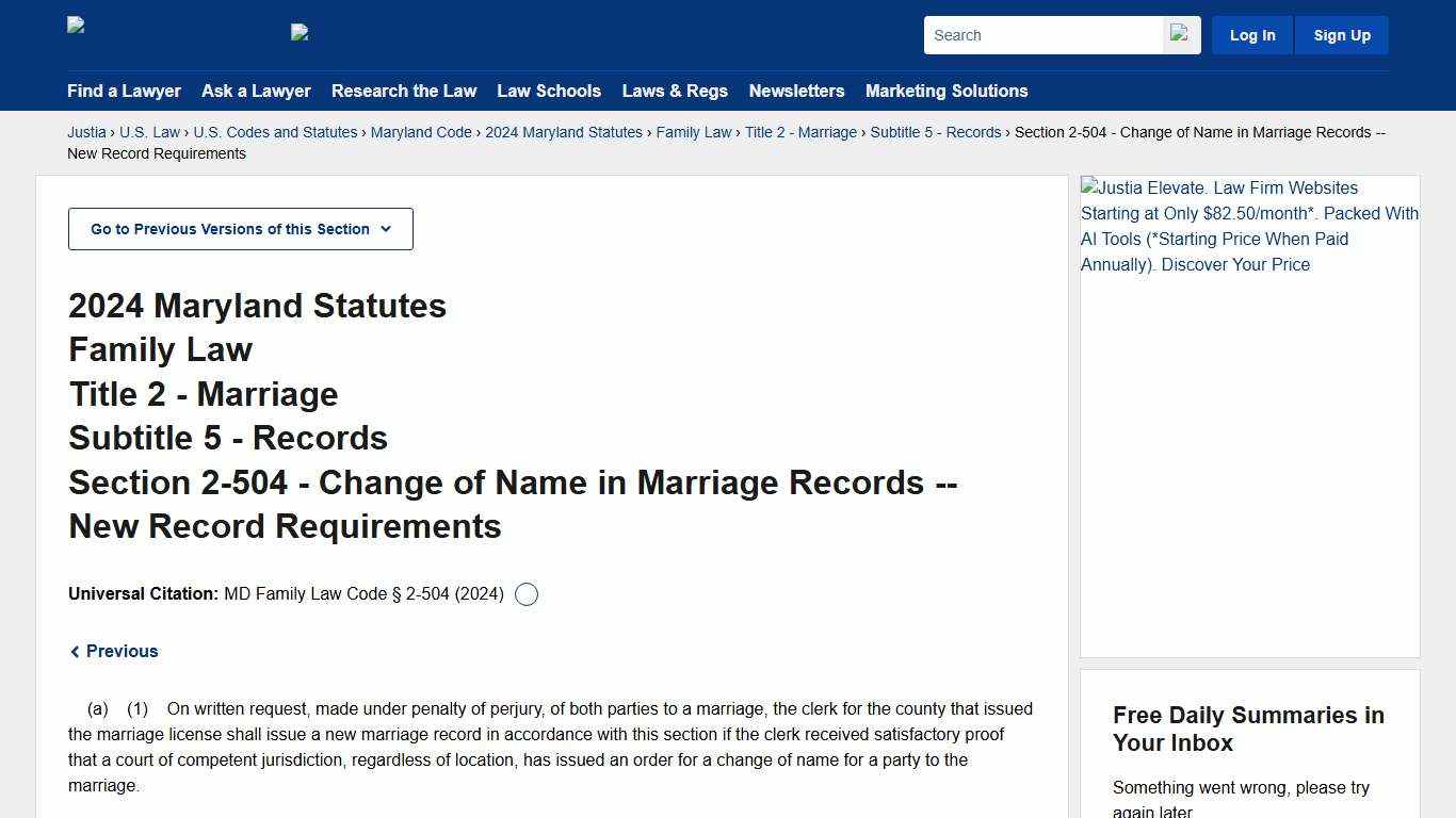 Maryland Family Law Code Section 2-504 (2024) - Change of Name in Marriage Records -- New Record Requirements :: 2024 Maryland Code :: U.S. Codes and Statutes :: U.S. Law :: Justia